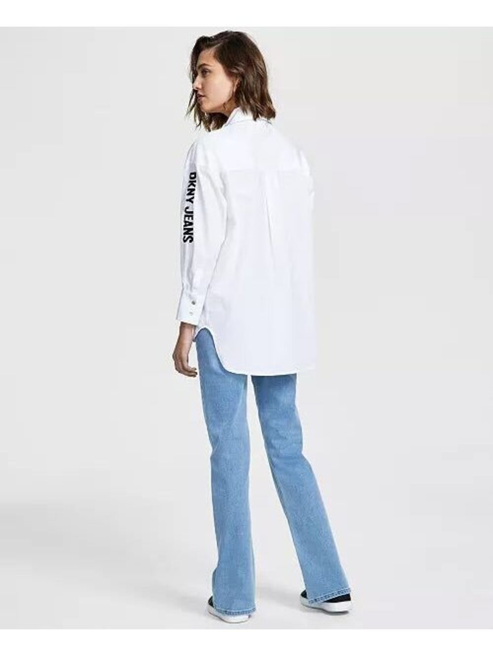 DKNY Jeans White Poplin Button Down Shirt Logo Sleeve Oversized Cotton